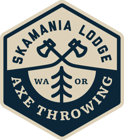 Logo for Skamania Lodge Axe Throwing, with an illustration of two axes crossed over a tree